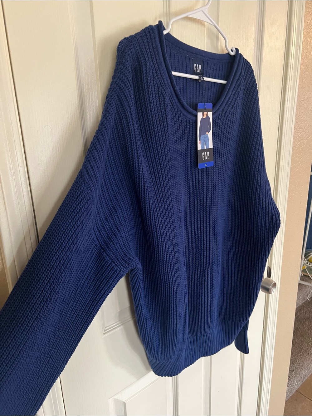 GAP Women’s Large Navy Blue 100% Cotton Chunky Knit Pullover Oversized NWT - Picture 4 of 9